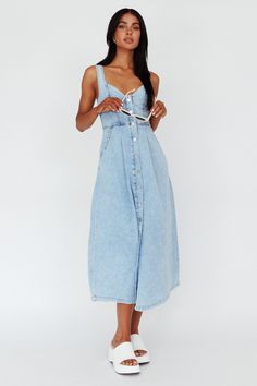 Shop the Pixie Dust Button Front Midi Dress Denim Blue | Selfie Leslie Dress Thick Straps, Blue Selfie, Sorority Rush, Selfie Leslie, Yellow Bridesmaids, Dress Denim, Weekend Brunch, Blue Bridesmaids, Iron Material