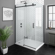 a bathroom with a black floor and white tile on the walls, along with a potted plant