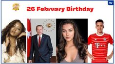 two people are posing for pictures in front of flags and the words 26 february birthday