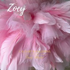 a close up of a pink flower with the words zeey in white above it