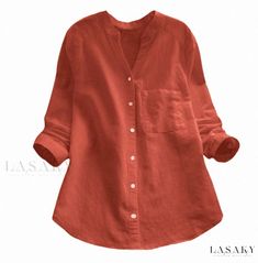 Lasaky - Cotton Linen Buttoned Mandarin Collar Long Sleeve Shirt Simple Kurti, Blouse Summer, Pull Oversize, Women's Button Down Shirt, Long Sleeve Outerwear, Linen Casual, Chill Outfits, Long Sleeve Tops Casual, Women Long Sleeve Tops