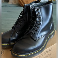 Like New Dr Martin Boots Size 8 Air Walks Yellow Stitching Dr Martin Boots, Dr Martens Black, Martin Boots, Dr Martens Shoes, Martens Shoes, Lace Up Boots, Shoe Laces, Stitching, Walking