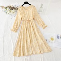 Fabric: Chiffon Size: S M L XL Color: pink, yellow, apricot, black, blue Chiffon Floral Dress, Floral Chiffon Dress, Chiffon Floral, Girly Stuff, Floral Chiffon, Fancy Outfits, Slim Waist, Pink Yellow, Girly Things