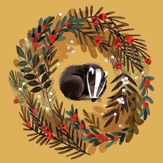 a painting of a badger in a wreath with berries and pine cones on the side