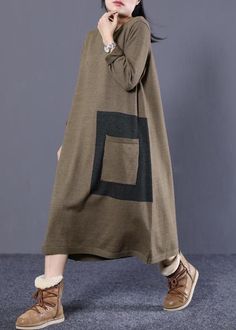 Casual Brown Fall Dress, Casual Brown Dress For Fall, Oversized Brown Dress For Winter, Casual Brown Winter Dress, Casual Brown Midi Dress For Fall, Brown Knee-length Midi Dress For Fall, Long Cotton Winter Dress, Long Cotton Dress For Winter, Brown Dress For Fall Workwear