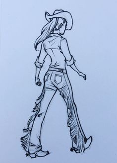 Simple Cowgirl Drawing, Easy Cowgirl Drawing, Cowgirls Drawing, Cowgirl Outline Drawing, Cowgirl Line Drawing, Cowgirl Drawing Simple, Cowgirl Drawing Reference, Cowboy Drawing Easy, Country Things To Draw