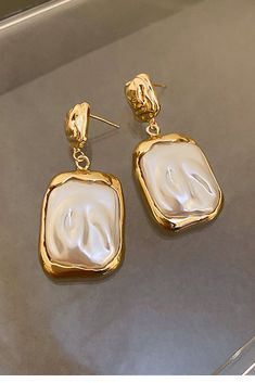 Oyster Drop Earring - BIDA Boutique Elegant Rectangular Pearl Drop Earrings, Pearl Drop Earrings With Shell, Dangle Pearl Drop Shell Earrings, Oyster Earrings, Gold Oyster Necklace, Elegant Shell-shaped Pearl Earrings, Product Ideas, Drop Earring, Square Shape