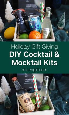 holiday gift giving diy cocktail and mocke kits in a box with christmas decorations