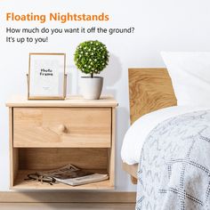 there is a nightstand with a plant on it next to a bed and an advertisement for floating nightstands