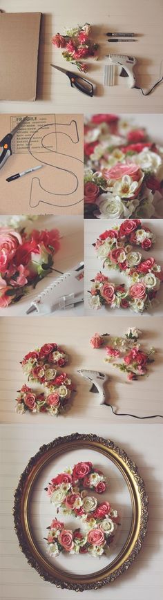 there are pictures of flowers being made on the table