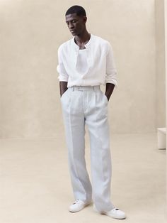 Blue Linen Pants Outfit Men, Full White Outfit Men, Linen Pants Outfit Men, Blue Linen Pants Outfit, Linen Outfit Men, White Outfit Casual, Flowy Linen Pants, White Linen Outfit, Blue Linen Pants