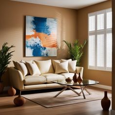 a living room scene with focus on the couch and coffee table in front of the window