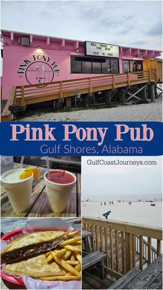 pink pony pub on the beach with pictures of food and drinks in front of it