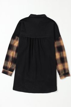 Embrace the spirit of the West with our **Plaid Prairie Charm Jacket**. This true-to-size button-up jacket is perfect for fall, offering a blend of casual comfort and stylish flair. Crafted from a soft yet durable mix of 65% Polyester and 35% Cotton, this jacket features a classic black base with trendy plaid patchwork on the sleeves and pockets, adding a playful twist to a timeless design. The collared neckline and shift silhouette give it a laid-back vibe, making it the perfect piece for layer Lisa Fischer, Dress Purse, Pockets Design, Romper And Jacket, Sweaters Online, Patchwork Designs, Sweater Blouse, Black Plaid, Oversized Shirt