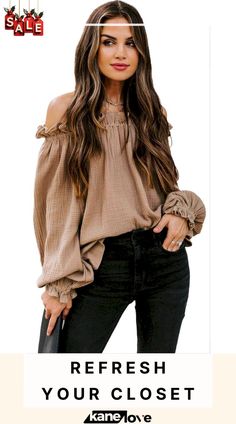 Off-the-shoulder Ruffle Top Fall Ruffled Off-shoulder Top, Off-shoulder Blouse For Spring, Spring Off-shoulder Blouse, Beige Off-shoulder Tops For Fall, Trendy Cold Shoulder Blouse For Fall, Fall Trendy Cold Shoulder Blouse, Solid Casual Off-shoulder Top For Spring, Off-shoulder Blouse For Fall, Beige Off-shoulder Top For Day Out