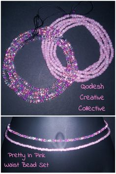 three different types of beaded necklaces with words describing the various colors and sizes