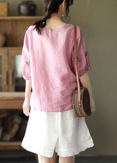 Women Pink O-Neck Embroideried Summer Ramie Blouses Half SleeveFabric: Ramie100% LinenSize & Fit: Fit: This garment fits true to size.Length: Size M measures 23.01"from shoulder to hemBust: Great for any cup size. Waist: Loose Fit. Comfortable room throughout midsection.Hip: Loose Fit - room for hips. Hand Wash Cold. Half Sleeve Women, Maxi Skirts Summer, Plaid Tie, Half Sleeve Tops, Women Pink, Comfortable Room, Sleeve Women, Sleeves (women), Green Plaid