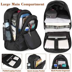 Product Description Product Dimensions: 19.7 x 15.4 x 9 inches; Item Weight: 4.4 pounds; Capacity: 44.7L; Material: Durable water resistent polyester fabric; Multi-Compartment Design 44.7L extra large capacity keeps all of your gear secure and organized. Large U-Zip Main Compartment U-Zip main compartment separates space for storing books, clothes, documents and folders. Padded laptop compartment with dedicated sleeve fits 15.6 inch laptops / Macbook. Premium Pocket Organizer Multi-pocket organi Roller Backpacks, Backpack With Wheels, Storing Books, 17 Black, Pocket Organizer, Water Resistant Fabric, Laptop Pocket, Sling Backpack, Baby Car Seats