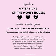 a pink background with black hearts and the words water signs on the money houses 2 your institution is your super power