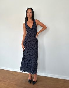 Navy Flocked Petal Midi Dress | Gabriela – motelrocks-com-us Fall Midi, Lettuce Hem, Black Satin Dress, Bandeau Dress, Grad Dresses, Dreamy Dress, Long Sleeve Bodycon Dress, V Neckline, Prom Party Dresses