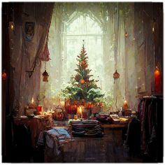 a painting of a christmas tree in the corner of a room with candles on it