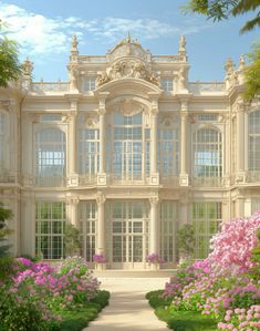 a large white building surrounded by flowers and greenery