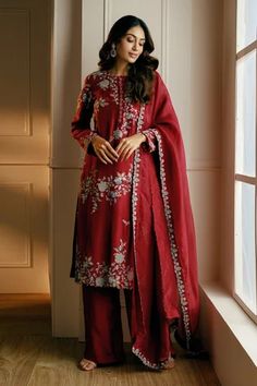 Shop for Nehha Nhata Maroon Silk Floral Embroidered Kurta Set for Women Online at Aza Fashions Ali Xeeshan, Gul Ahmed, Embroidered Leather, Pashmina Shawl, Shalwar Kameez, Suit Fabric, Pure Joy, Luxury Collection, Pakistani Outfits