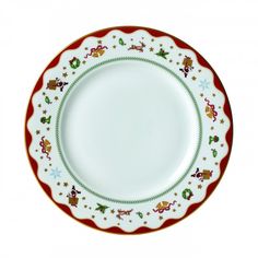 a white and red plate with christmas decorations on it