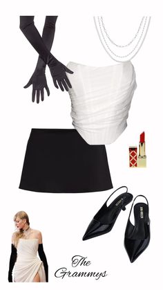 a woman in black and white outfit with accessories