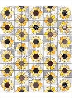 a quilt with sunflowers on it and dots in the center, as well as circles