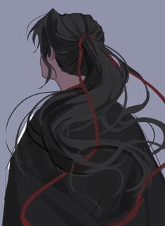 an anime character with long black hair and red lines in her hair, looking down