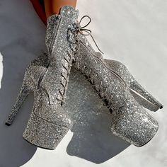 "Diamonds are a girl's best friend" - Marilyn Monroe 💎 Took the Glitteratis and Made Them Xtra for the Baddest & Sparkliest in the Game 💸 😎 Perfect for club use, photoshoots and just feelin' fancy. They do not grip. ✨ Chunky Glitter Finish - mid level durability, minimal glitter shedding💕 Pointe-Friendly Platforms🔥 Designed by Dancers💚 Vegan Materials, Always Make your boots even more XTRA with our Sparkle shoe laces in Silver & Gunmetal, then turn it up with Sparkle HOAH bikinis! ⚠️ Glitt Clear Shoes, Pole Wear, Sparkle Shoes, The Baddest, Limited Edition Shoes, Silver Lace, Thigh Boot, Boots Knee, Calf Boots