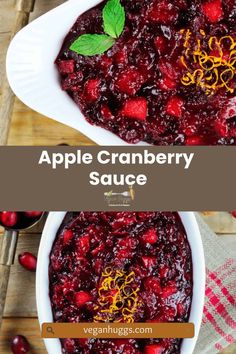 cranberry sauce in a white bowl on top of a wooden table