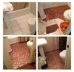 four different pictures of a bathroom with pink and white flooring