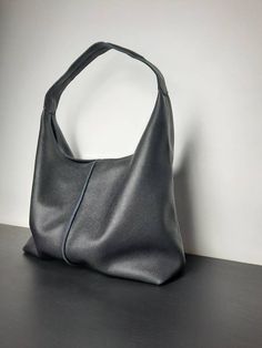 Black Slouchy Bag, Textured Leather Double Handle Hobo Bag For Daily Use, Textured Leather Hobo Bag For Everyday Use, Versatile Textured Leather Hobo Bag For Errands, Everyday Textured Leather Hobo Bag, Minimalist Hobo Tote Bag For On-the-go, Modern Textured Leather Hobo Tote Bag, Versatile Hobo Bag With Textured Leather And Double Handle, Textured Leather Double Handle Hobo Bag For Errands