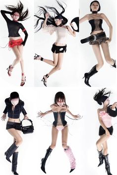 four different photos of a woman in short shorts and high heels with her hair blowing back