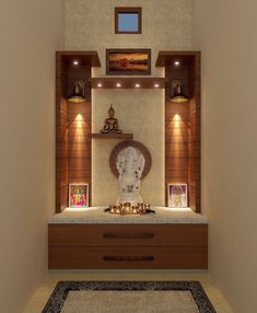 a room that has some lights on the wall and a clock in the corner with buddha statues