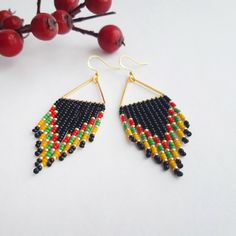 Triangle red green yellow beaded earrings Chandelier earrings | Etsy Beaded Fringe Teardrop Earrings As Gift, Gift Chandelier Drop Earrings With Tiny Beads, Gift Tiny Beads Chandelier Drop Earrings, Multicolor Beaded Fringe Chandelier Earrings As Gift, Colorful Beaded Tassel Drop Earrings As Gift, Dangle Earrings With Beaded Fringe As Gift, Elegant Multicolor Beaded Earrings With Tiny Beads, Multicolor Tassel Earrings With Dangling Beads As A Gift, Beaded Fringe Chandelier Earrings As Gift