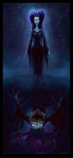 an image of a woman in the water with her eyes closed and head turned to look like a demon