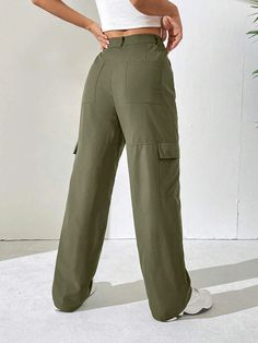 Experience comfort and style with our Easy Wear Solid Flap Pocket Side Cargo Pants. These pants are designed for easy wear, featuring a relaxed fit and solid flap pockets on the sides. Made with premium materials, they offer both comfort and durability. Elevate your casual ensemble with these cargo pants that provide a perfect blend of comfort and style. Details: Style: Casual Pattern Type: Plain Type: Cargo Pants Closure Type: Zipper Fly Details: Button, Pocket, Zipper Waistline: Natural Length Cotton High-waisted Cargo Pants, Khaki High-waisted Wide Leg Pants With Pockets, Relaxed Fit Solid Cargo Pants With Multiple Pockets, High-waisted Green Cargo Pants With Pockets, Green High-waisted Cargo Pants, High-waisted Khaki Wide Leg Pants With Side Pockets, Casual Solid Work Pants With Hip Pockets, Baggy Full Length Solid Cargo Pants, Wide Leg Parachute Pants With Pockets For Outdoor Activities