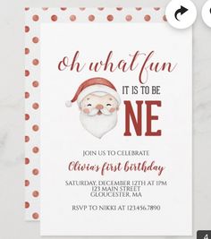 a christmas party card with a santa clause on the front and red polka dots around it