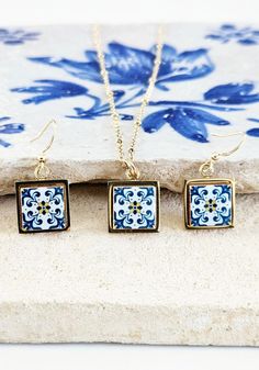 Portugal Azulejo GOLD Jewelry Gift Set Tile Pendant Earring - Etsy France Nickel Free Rectangular Pendant Earrings As Gift, Nickel-free Rectangular Pendant Earrings As Gift, Blue Square Necklace For Gifts, Blue Square Necklace For Gift, Blue Square Necklace Perfect For Gifts, White Pendant Jewelry Sets For Gifts, White Pendant Jewelry Set As Gift, Blue Square Pendant Jewelry For Gift, Nickel-free Rectangular Pendant Jewelry Gift