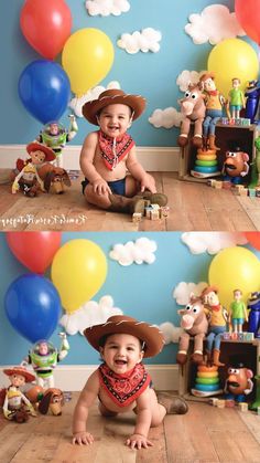 a baby wearing a cowboy hat and bandana sitting on the floor in front of balloons