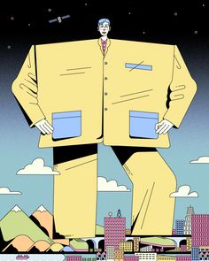 a man in a yellow suit standing on top of a building with his hands in his pockets