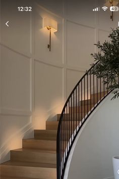 a plant sitting on top of a wooden stair case next to a white vase filled with flowers