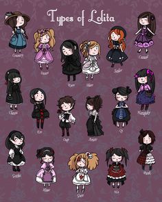 Types of Lolitas by secondlina Japanese Fashion Trends, 일본 패션, Drawing Tutorials, Type Design, Gothic Lolita, Visual Kei, Pastel Goth, Lolita Fashion, Kawaii Fashion