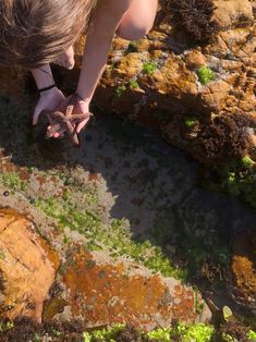 a woman standing on top of a rock covered in green mossy plants and rocks