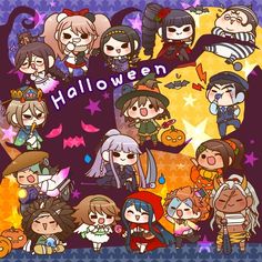 an image of some cartoon characters with halloween decorations on the background and words that say happy halloween