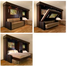 four different pictures of a bed with a tv in the middle and an entertainment center above it