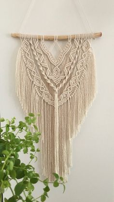 a macrame hanging on a wall next to a potted plant